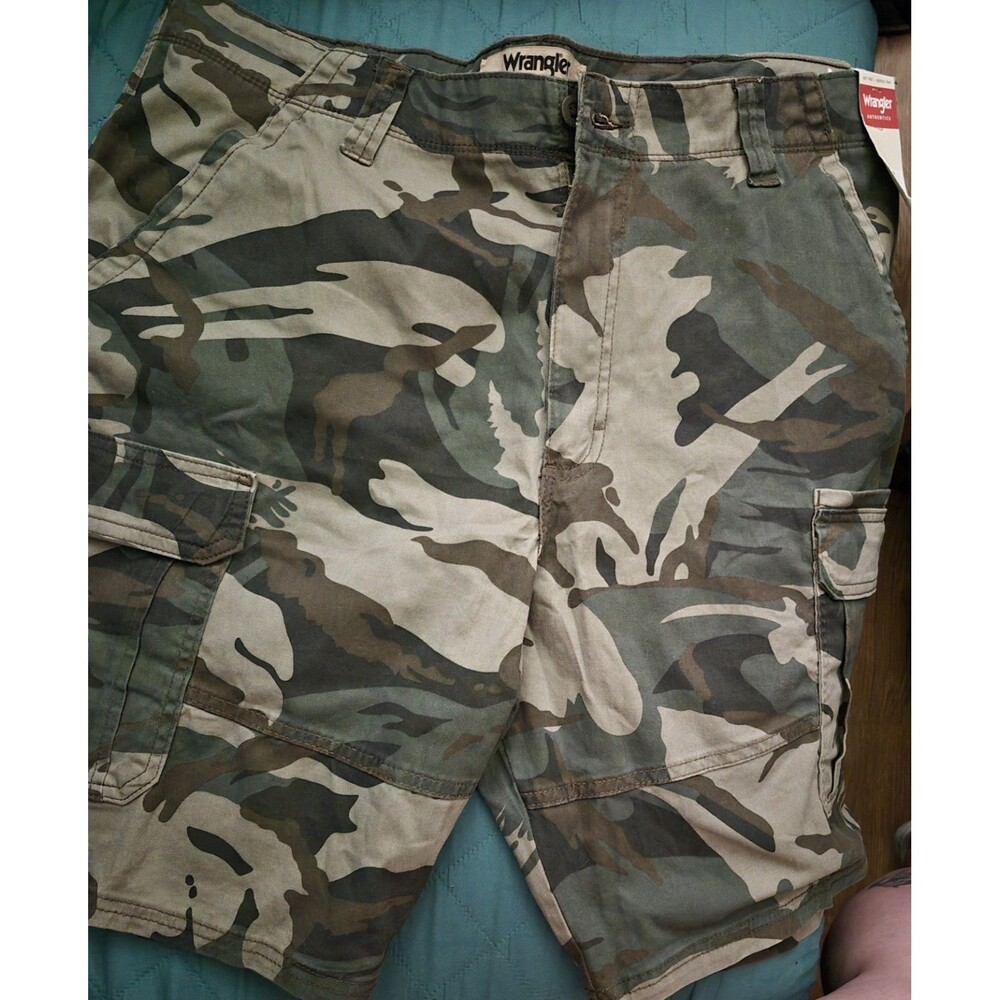 Wrangler Authentics Woodland Camo Cargo Shorts featuring a classic green,